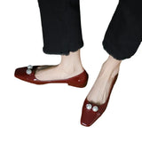 Pearl Flats For Women's Spring / Summer 2025 Soft Leather Patchwork Color With Skirt Square Head Light Mouth Single Shoes Red Single
