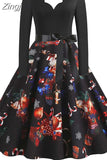 Women Dress Long Sleeve Elegant Vinatge Christmas Party Sundress Winter V Neck New Year Costume Clothing