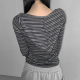 Style Stripe Buckle V-Neck Knitted Knitting Top In Autumn And Winter Casual Bottom With Long-Sleeved