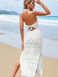 Beach Dress Hollow Knitted Neck Sling Sexy Bare Back Fork Long Tie-Shirt
