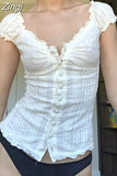 Y2K Sweet Frill White Jacquard Summer T-shirts for Women Retro Chic Lace Trim Cropped Tops Shirts Buttons Up