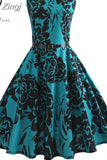 Women Vintage Floral Print Summer Dress Elegant Swing Rockabilly Party Dresses Casual Midi Tunic Beach