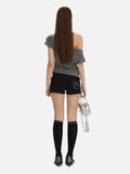 New Slanted Shoulder Pure Hottie Gray T-Shirt Girl Loose Heavy Metal Decorative