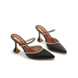 Summer New Pointed Toe Rhinestone Sequined Stiletto Slippers Leopard Print Baotou Half Drag