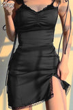 Strappy Satin Ruched Black Dress Mini Lace Spliced Side Split Sexy Dress Female Sundress Backless Ladies Dresses