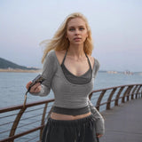 U-Shaped Low-Neck Two-Piece Striped T-Shirt Hanging Neck Vest 2025 Fashion-Colored Knitted
