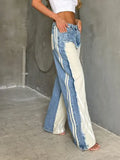 Hooded Spliced Jeans Women's Autumn New Mid-Rise Trousers Against The Feeling Of Bumping Striped