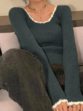 Contrast Color Trim Slim Long Sleeve Knit- Outfit