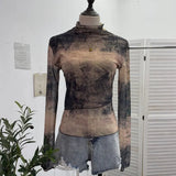 Shooting Denim Pattern Dye Printing Retro Babes Thin Mesh T-Shirt High-Necked Long Sleeve Bottom Shirt Top