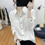 Comfortable With The Striped Long-Sleeved Shirt Of The Women's Spring And Autumn New Collar Top Loose Thin Shirt