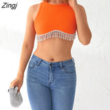 Women Ribbed Sleeveless Round Neck Crop Tops Rhinestone Tassel Hem Design Solid Color Summer Streetwear Tank