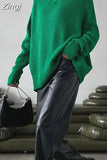 Women's Zipper Sweater Oversize Warm Green Pullovers Long Sleeve Solid Polo Jumper Casual Thick Knitted Sweaters for