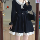 Gothic Lolita Black Dress Women Sweet Bow Square Collar Long Sleeve Midi Dress Female Korean Preppy Style Party