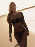 Women's Beach Bikini Cover Up Bathing Suit Fish Net Pearl Rhinestone Mesh See Through Swimsuit Beachwear