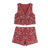 Women's Explosive Mirror Effect Decorative Embroidered Vest + Shorts
