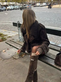 Brown Faux Fur Collar Suede Short Jacket- Outfit
