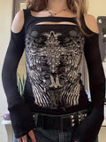 Retro Wing Prints Long Sleeves Fill In The Women's 2025 Street Personality Out-Shoulder New Top