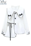 Blouse For Women Long Sleeve Button Up Bow White Shirt Korean Casual Loose Chic Peter Pan Collar Office Ladies Shirts