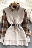 Winter Knitted Vest Two 2 Piece Set Women Long Sleeve Plaid Shirt Sleeveless Sweater Tops Suits Womens Shirts Sets