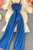 Women Denim Romper Sexy Strapless Draped High Waist Jumpsuits Female Black/Blue Wide Leg Spaghetti Strap Rompers