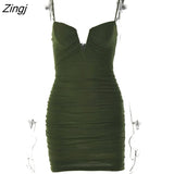 Spaghetti Strap Ruched Dress Women 2022 Spring Sexy Slim Elegant Clubwear Solid Sleeveless Backless Sheath Dress