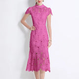 High-End Heavy Industry Hollow Water-Soluble Lace Collar Dress Female Summer Temperament Elegant Fishtail Dress