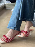Head French Lattice Cool Slippers Women Wear Bows Out Toe High Heel