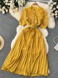 Women Hollow Out Lace Patchwork Pleated Long Dress Elegant Embroidery Short Puff Sleeve Single Breasted Maxi Vestidos