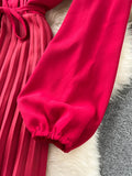 Draped Long Dress Women Elegant V-Neck Puff Sleeve High Waist Pleated A-Line Party Vestidos Female Spring