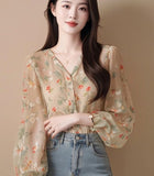 New Burst Spring Summer French Beauty High-End Feel Shirt Blouse Broken Snowflake Long-Sleeved Shirt Women