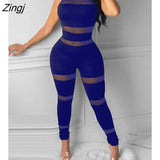 Women Fashion Elegant Casual Sheer Mesh Thick Strap Sleeveless Skinny Jumpsuit Solid Sexy Round Neck