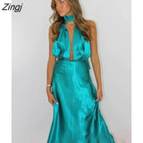 Satin Sexy Deep V-neck Halter Women Dress Green Backless High Slit Dress Women Summer Skinny Fashion Party Clubwear