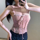 Lace Tank Top Women Sleeveless Sexy Lady Elegant Cropped Shirts Lace Sleeve Front Lace Hollow up Women Top