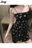 Women A-line Sexy Slim Spaghetti Strap Mini Side Slit Hot Black Summer Butterfly-printed Vintage Streetwear Lady