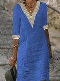 And Summer New Solid Color V-Neck Sleeve Cotton Temperament Elegant Dress