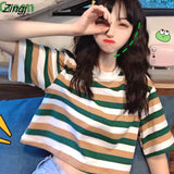 Sleeve T-shirts Women Rainbow Colors Stripped Fashion Summer Student Sweet Girls Clothes Leisure Breathable Ins