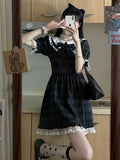 Japan Sweet Bow Jk Women Plaid Dress Chic Lace Patchwork A Line Sexy Dress Summer Preppy Style Student Puff Sleeve
