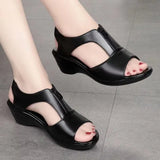 Women 2025 New Fish Mouth Leather Slope And Soft Soles Of The Elderly Sandals Fashion Zipper Middle-Aged Mother