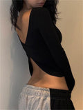 Backless Criss-cross Black Long Sleeve T-shirts Base Tops Streetwear 2023 Spring Fall Slim Fit Female Tees