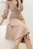 Korean High Waist Solid Color Simplicity Dress V-neck Long Sleeve Elegant Dresses for Women Black Knitting Dress