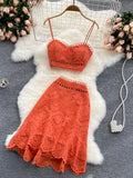 Bohemian Hollow Out 2pcs Set Women Sexy V-Neck Spaghetti Strap Short Tops + High Waist Ruffle Mini Skirt Female Suit