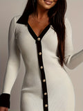 2025 New Temperament Elegant High- Waist Long-Sleeved Leaf Side Knitted Dress