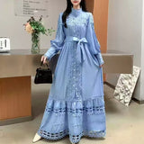 Small Vintage Hollow Lace Splicing Strap Belt Lantern Sleeve Dress Female Court Long