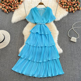 Beach Long Dress Women Elegant V-Neck Short Sleeve Cascading Ruffles Big Swing Vestidos Female Red/Green/Pink Maxi