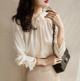 Spring Long-Sleeved Shirt Elegant Temperament Loose Wooden Ear Collar Loose French Silk Silk Top
