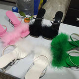 Zingj Large Size Slippers Female Summer New Feather Velvet One Word Square Head Fashion High With Cool