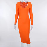 V-Neck Kneel-Length Woman's Dress Long Sleeve Solid Elegant Basis Bodycon Sexy Casual Slim Retro Vestidos Autumn