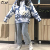 Women Christmas Warm Knitted Long Sleeve Autumn New Pullovers Couple Chic Patchwork O-Neck College Japanese Style