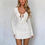Women's New Knitted Tying Dress With Long Sleeves And Hip Mini