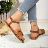 Round Head Flat Woven One-Word Buckle Sandals Women's Large Size Simple Beach Roman